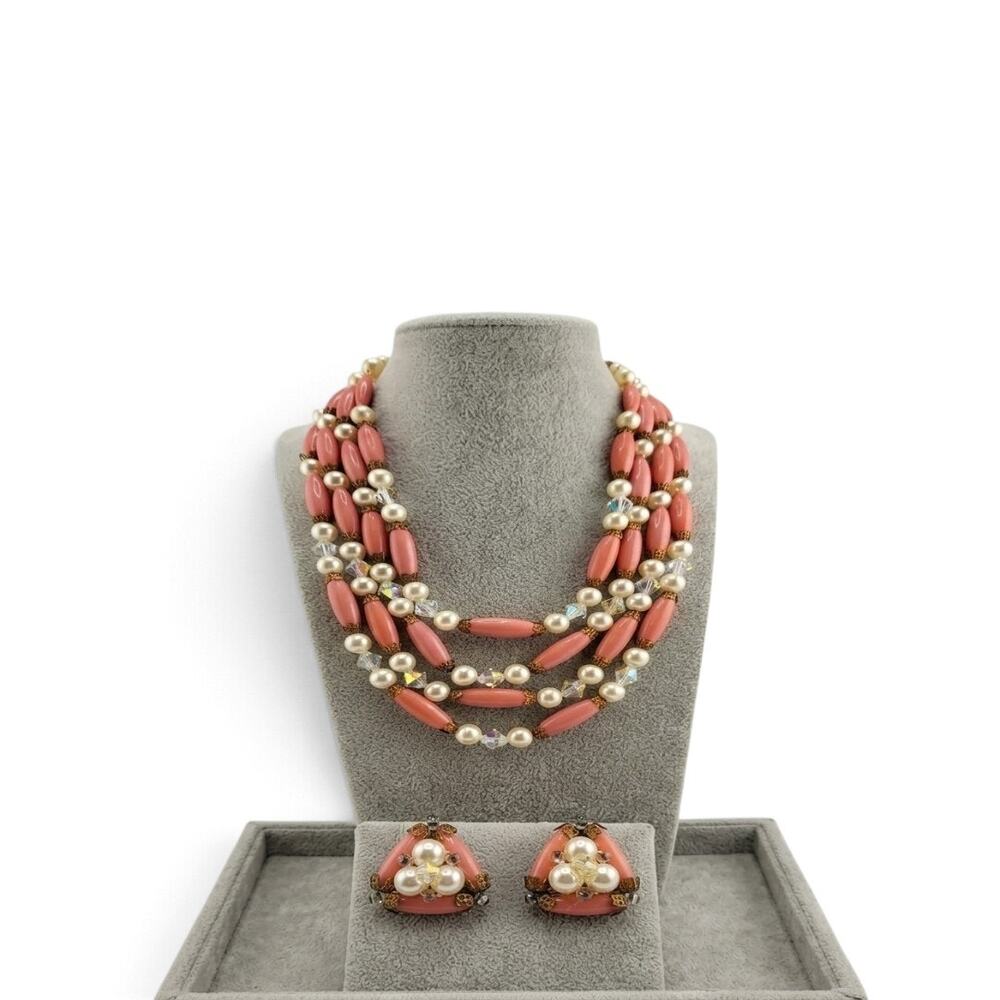 Vintage 1950s Coral Pink Bead Faux Pearl Crystal 4 Strand Necklace Earrings Set